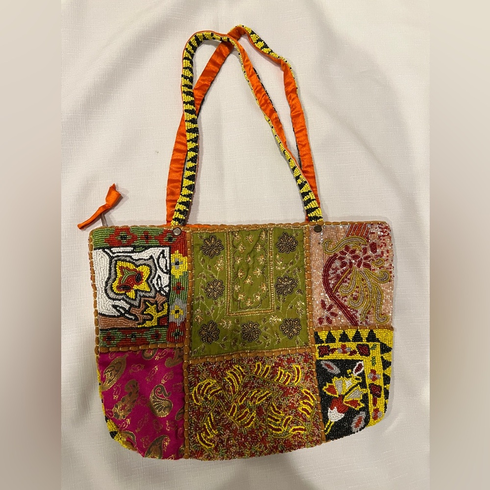 Colorful Patchwork Boho Beaded Embroidered Tote Bag India Pink Yellow Indian